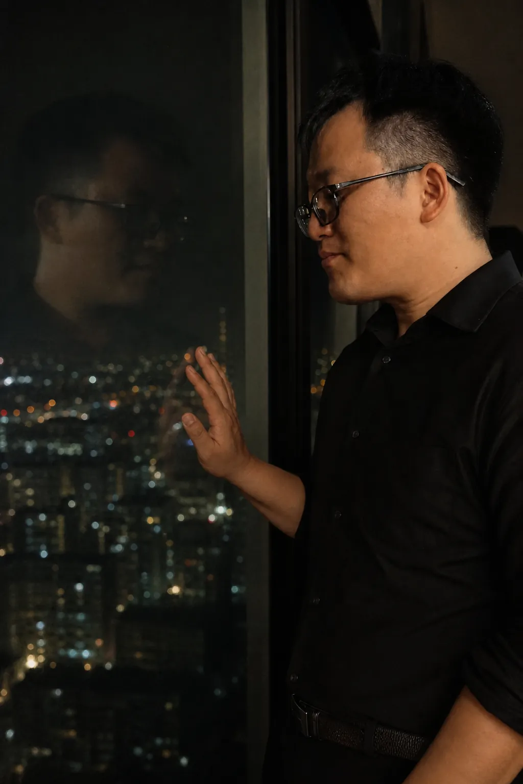 他独自站在夜窗前