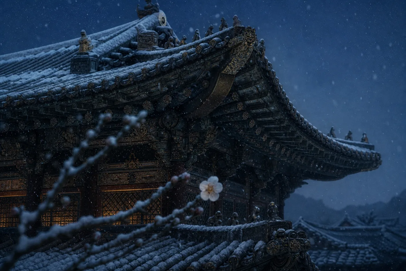 雪落在王宫的屋檐与一支李花上